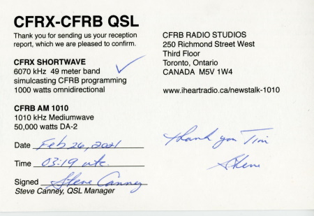 QSL from CFRX in Toronto, Ontario, Canada