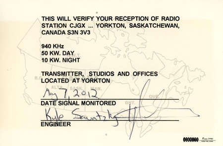 QSL from CJGX in Yorkton, Saskatchewan, Canada