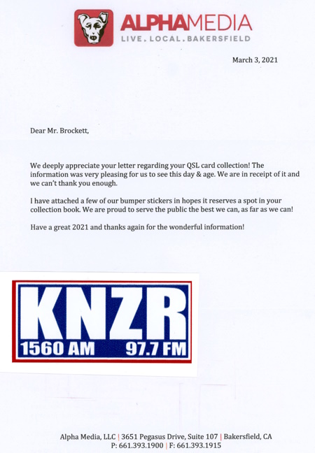 QSL Letter From KNZR in Bakersfield, California