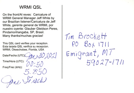 QSL from WRMI in Okeechobee, Florida 