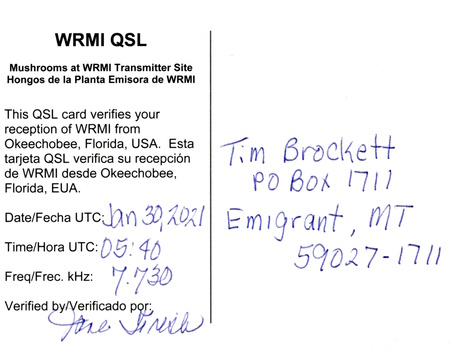 QSL from WRMI in Okeechobee, Florida 