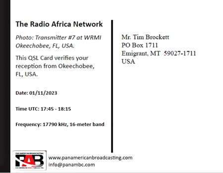 QSL from Radio Africa in Okeechobee, Florida 