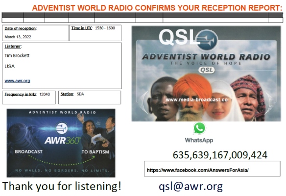 QSL from Adventist World Radio