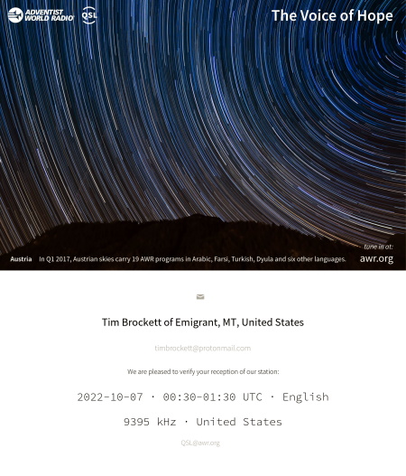 QSL from Adventist World Radio