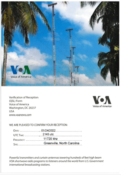 QSL from VOA in Greenville, North Carolina