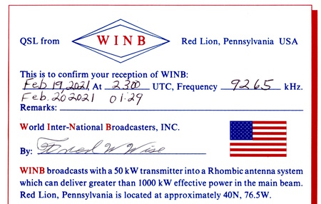 QSL from WINB in Red Lion, Pennsylvania
