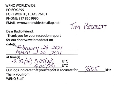 QSL from WRNO in  Metairie, Louisiana