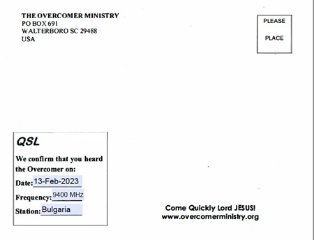 Overcomer Ministry transmitting from Bulgaria