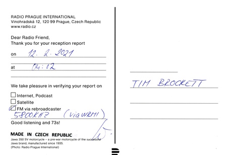 QSL from Radio Prague