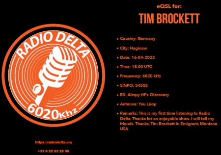QSL from Radio Delta International in Elburg, Germany