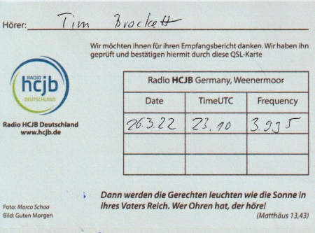 QSL from HCJB in Weenemoor, Germany