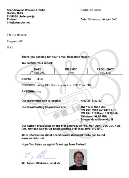 QSL from Scandanavian Weekend Radio in Finland