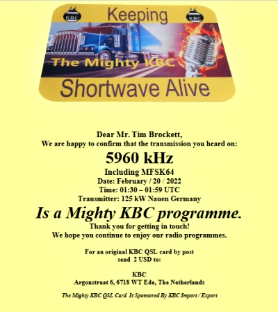 QSL from KBC in Nauen, Germany