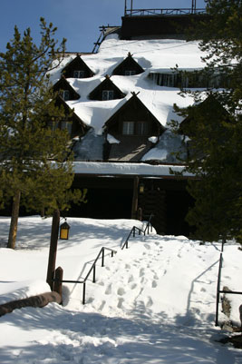 Snow covered entrance Old Faithful Inn
